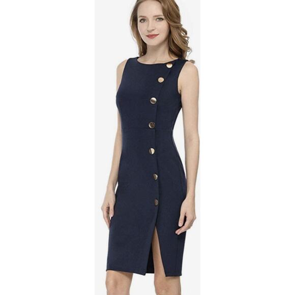 Tommy Hilfiger Sheath Dress Women's 12 Navy Blue Sleeveless Button Accent - Picture 1 of 7